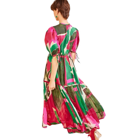 Ulla Johnson Pink and Green Collage Puff Sleeve Dress Size 8 - Picture 7 of 14